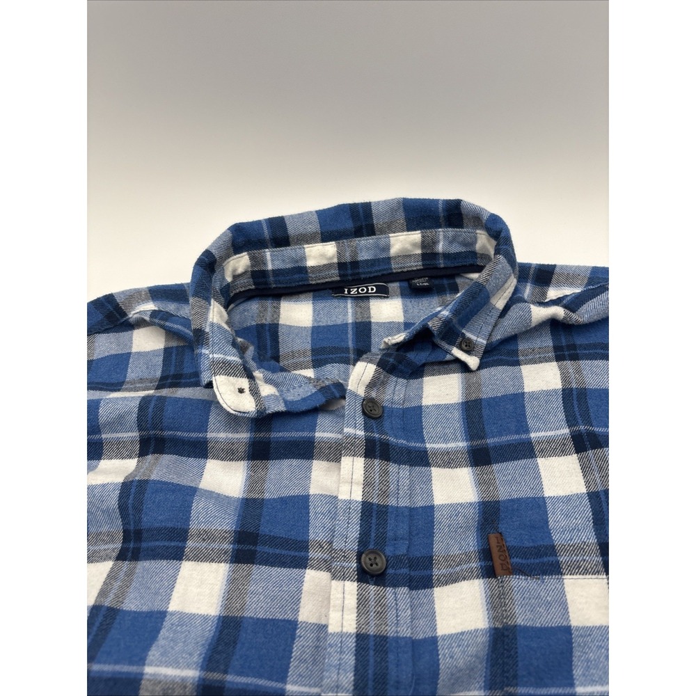 IZOD Blue Plaid Flannel Shirt‎ Mens  Size Large Tall Button Up Logo Pocket - Picture 5 of 12